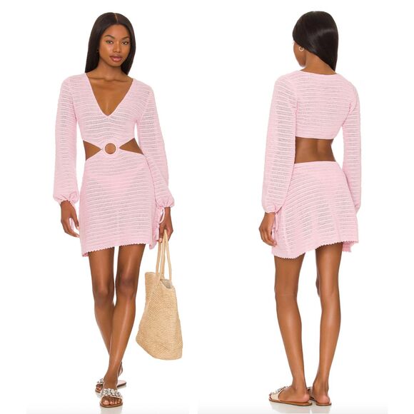 Devon Windsor Crochet Knit Fallon Cut Out Long Sleeve Mini Dress Light Pink‎ XL - Picture 1 of 7